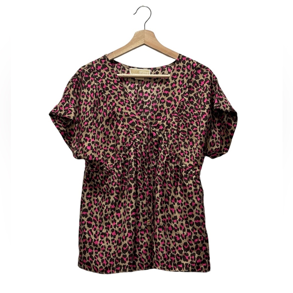 MICHAEL KORS Tan/Pink/Brown Animal Print Silk Blouse Front Drawstring Size-S